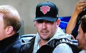 Matt Harvey takes in Derek Jeter's last ever home game in 2014 .  His hat may as well say, "#ZeroFucksGiven"